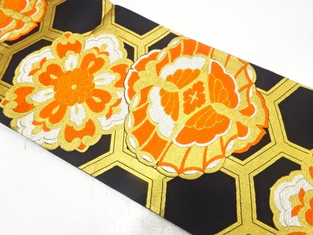JAPANESE KIMONO / ANTIQUE FUKURO OBI / SILK / WOVEN KIKKO & FLORAL CREST & BUTTERFLY
